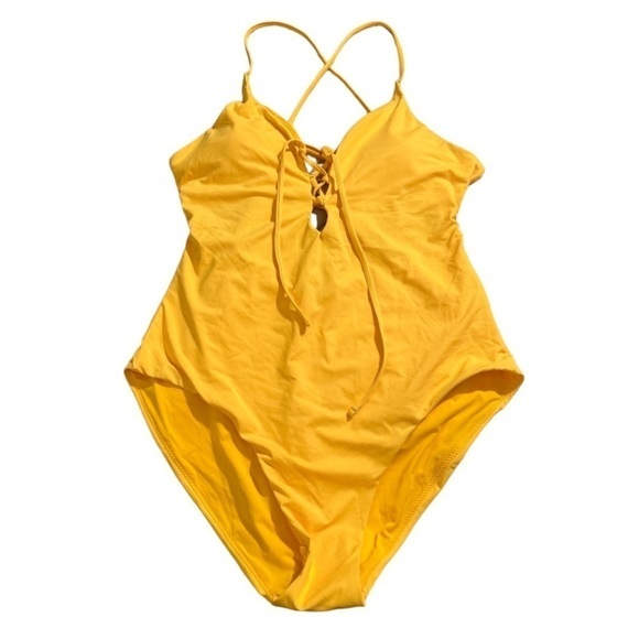 NWT AQUA Swim Lace Up Plunge One Piece Swimsuit in Sunflower Size Large - Picture 1 of 10